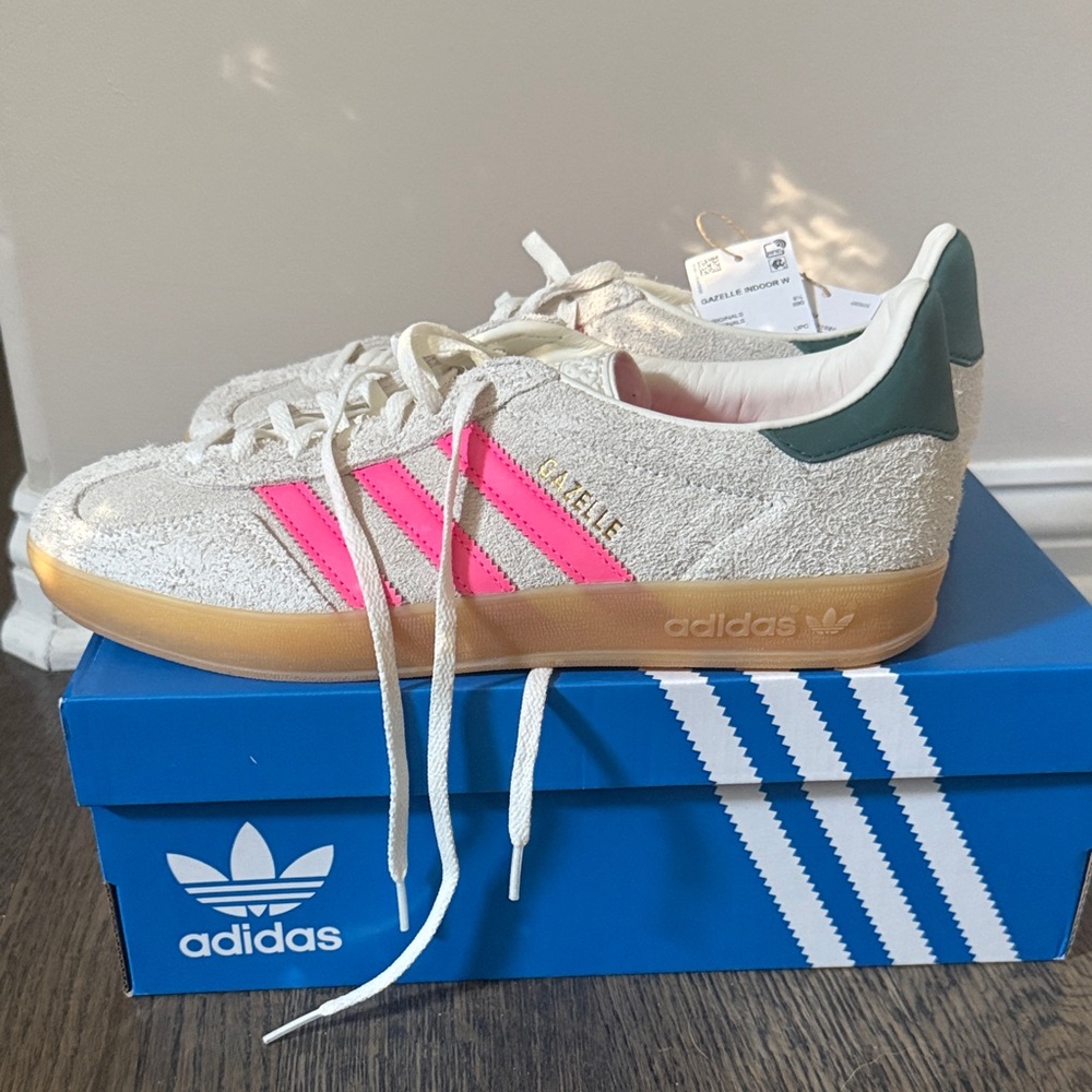 Adidas Gazelle Cream Sneakers with Neon Pink and Green Accents